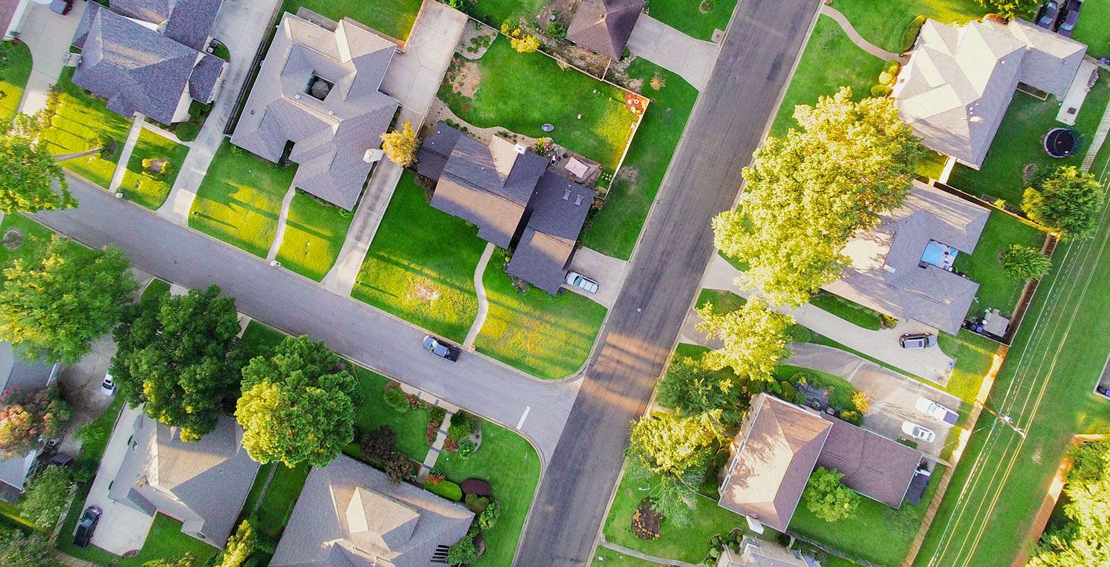 Aerial view of a leafy residential neighborhood